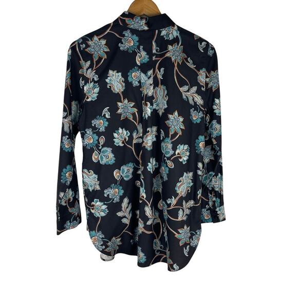 Chico's No Iron Stretch Floral Paisley Tunic Navy Button Front Women's 0.5 US 6 - Picture 2 of 10
